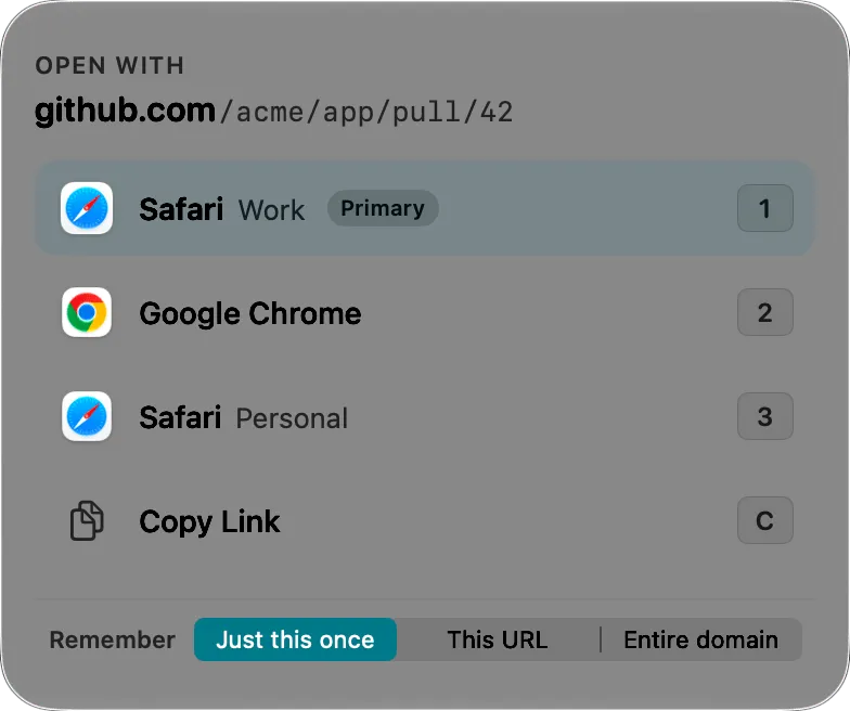 LinkRouter's picker listing Safari · Work, Google Chrome and Safari · Personal, with Copy Link and the Remember control